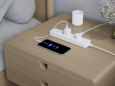 Bedside Table Setup With Charging Smartphone Power Strip Cup And Flowers 3d model