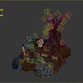 Wooden Stump Stone Rocks 3D Model Scene With Yellow Leaves Red Chest And Sword