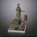 Detailed Lighthouse Model With Rock Base Crane And Hanging Container Platform