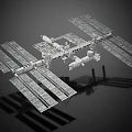 Cartoon Scene of International Space Station with Solar Panels and Modules in Space