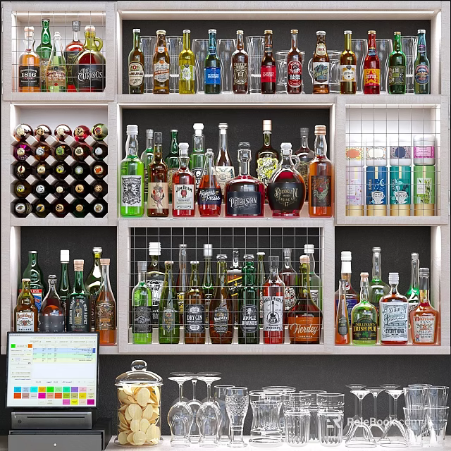 Professional Commercial Liquor Display Shelves With Digital Screen And Wine Glasses 3d model 