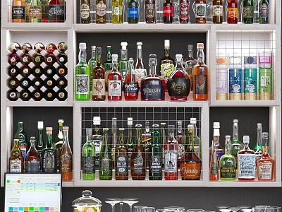 Professional Commercial Liquor Display Shelves With Digital Screen And Wine Glasses 3d model