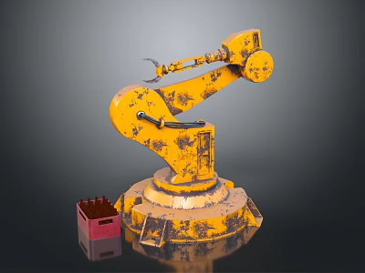 Vintage Yellow Worn Mechanical Arm With Red Plastic Crate And Small Tools 3d model