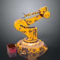 Vintage Yellow Worn Mechanical Arm With Red Plastic Crate And Small Tools