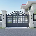 Elegant Landscape Wall With White Stone Pillars And Wrought Iron Gate In Villa Exterior