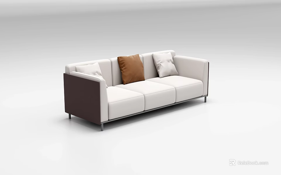Modern Three Seater Sofa With White Upholstery Dark Brown Armrests Silver Metal Legs And Cushions 3d model 