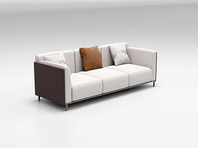 Modern Three Seater Sofa With White Upholstery Dark Brown Armrests Silver Metal Legs And Cushions 3d model