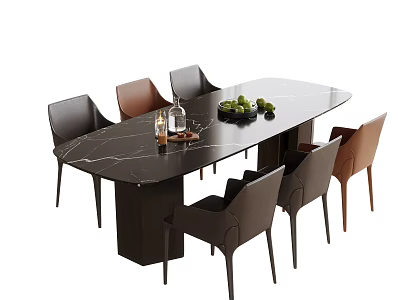 Modern Dining Table And Chairs With Black Marble Top Brown Chairs Decorative Fruit And Wine 3d model