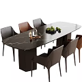 Modern Dining Table And Chairs With Black Marble Top Brown Chairs Decorative Fruit And Wine