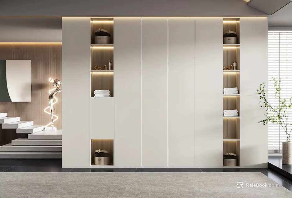 Modern Wardrobe Interior With White Finish Open Shelves And Built in LED Lighting 3d model 