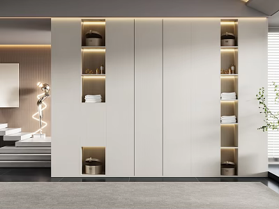Modern Wardrobe Interior With White Finish Open Shelves And Built in LED Lighting 3d model