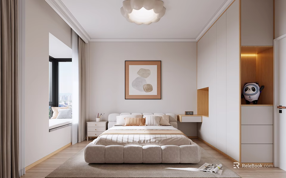 Modern Bedroom With Cloud Pendant Light Framed Artwork Large Bed White Wardrobe And Area Rug 3d model 