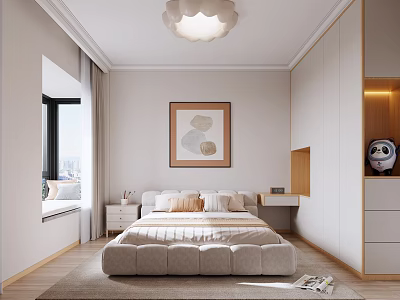 Modern Bedroom With Cloud Pendant Light Framed Artwork Large Bed White Wardrobe And Area Rug 3d model