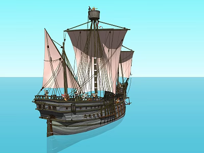 Classic Tall Sailing Ship With Multiple Sails Floating On Blue Sea Waters 3d model