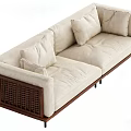 Multi Seater Cream Fabric Sofa With Wooden Lattice Back Dark Wooden Legs And Soft Cushions