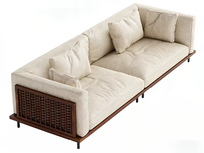 Multi Seater Cream Fabric Sofa With Wooden Lattice Back Dark Wooden Legs And Soft Cushions 3d model