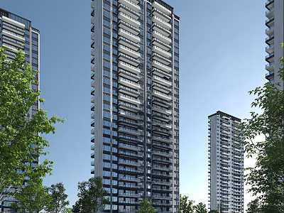 Modern High Rise Residential Building Exterior With Green Trees And Clear Blue Sky 3d model