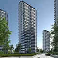Modern High Rise Residential Building Exterior With Green Trees And Clear Blue Sky