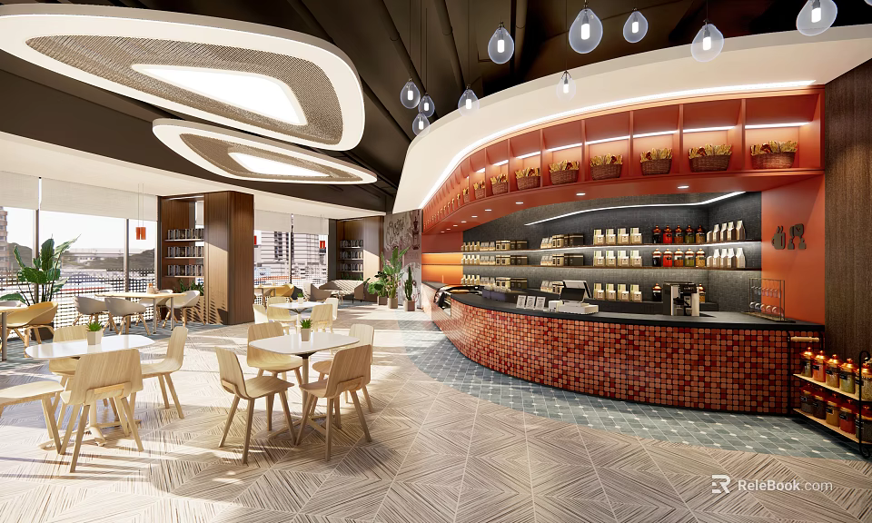 Modern Café Interior Design With Curved Brick Counter Wooden Tables Chairs And Ceiling Lights 3d model 