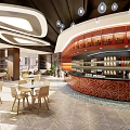 Modern Café Interior Design With Curved Brick Counter Wooden Tables Chairs And Ceiling Lights