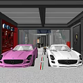 Modern Garage Interior With Pink And White Mercedes Sports Cars And Stylish Lighting