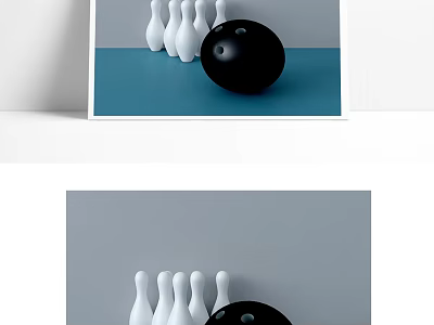 High Quality Bowling Sports Equipment With Black Ball And White Pins On Blue Surface 3d model