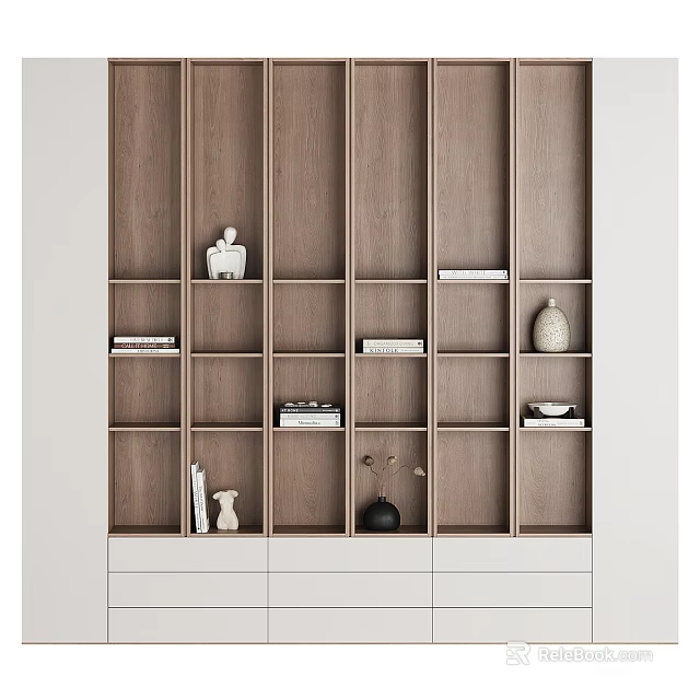 Wooden Bookcase With Open Shelves Displaying Decorative Items And Books 3d model 