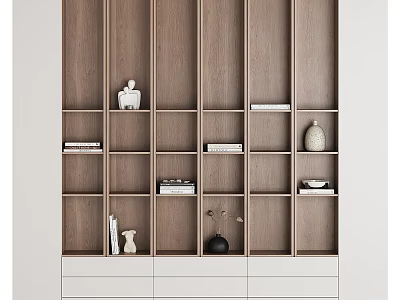Wooden Bookcase With Open Shelves Displaying Decorative Items And Books 3d model