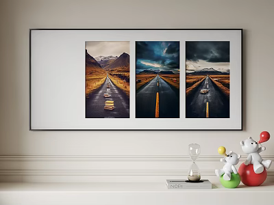 Home Interior With Three Panel Road Artwork Wall Decor And Shelf Ornaments 3d model
