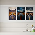 Home Interior With Three Panel Road Artwork Wall Decor And Shelf Ornaments