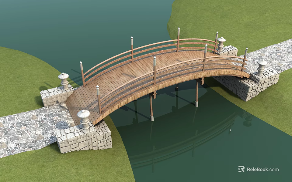 Wooden Arched Bridge with Stone Piers and Lamp Posts Over Water in Grass Surroundings 3d model 