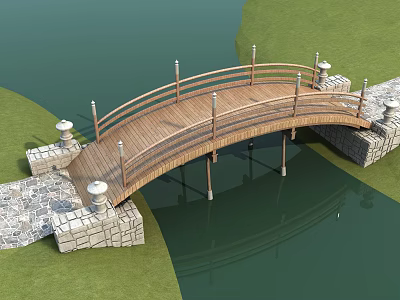 Wooden Arched Bridge with Stone Piers and Lamp Posts Over Water in Grass Surroundings 3d model