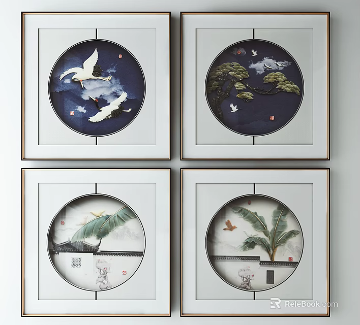 Traditional Chinese Circular Decorative Paintings With Cranes Pine And Banana Leaves 3d model 