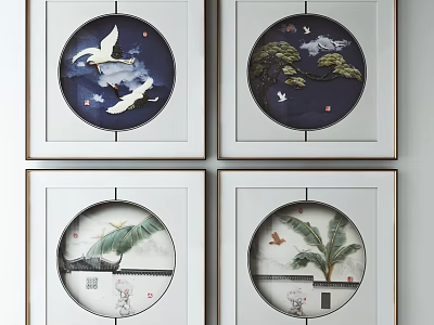 Traditional Chinese Circular Decorative Paintings With Cranes Pine And Banana Leaves 3d model
