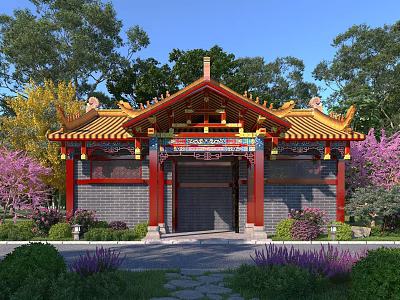 Ancient Chinese Architecture Gatehouse With Yellow Glazed Tile Roof Red Pillars Carved Decorations And Greenery 3d model