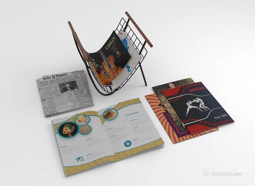 Open Magazine With Images And Text Alongside Stacked Colorful Magazines On Metal Rack 3d model 