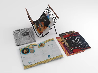 Open Magazine With Images And Text Alongside Stacked Colorful Magazines On Metal Rack 3d model