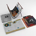 Open Magazine With Images And Text Alongside Stacked Colorful Magazines On Metal Rack