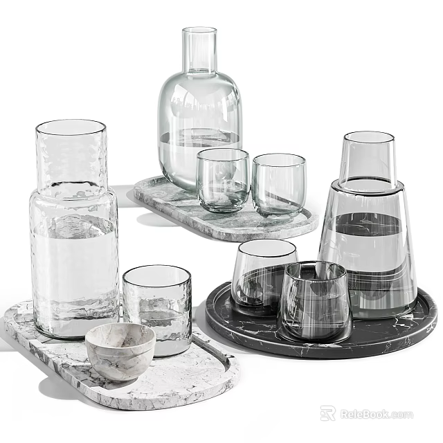 Multiple Transparent Glass Cups With Different Shapes On Marble Trays Filled With Water 3d model 
