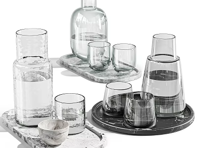 Multiple Transparent Glass Cups With Different Shapes On Marble Trays Filled With Water 3d model