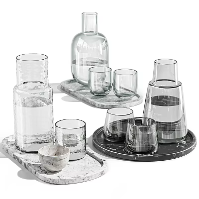 Multiple Transparent Glass Cups With Different Shapes On Marble Trays Filled With Water 3d model