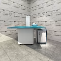 Commercial Equipment With Blue Countertop White Body Side Cabinet Against Marble Wall And Gray Floor