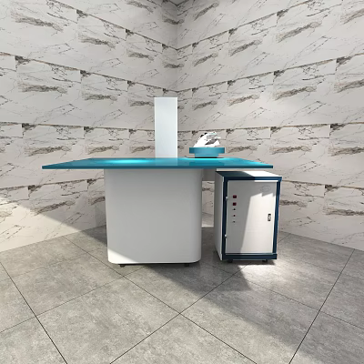 Commercial Equipment With Blue Countertop White Body Side Cabinet Against Marble Wall And Gray Floor 3d model