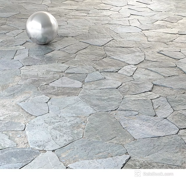 Outdoor Gray Irregular Stone Slab Plaza Paving With Silver Sphere 3d model 