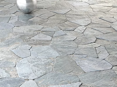Outdoor Gray Irregular Stone Slab Plaza Paving With Silver Sphere 3d model