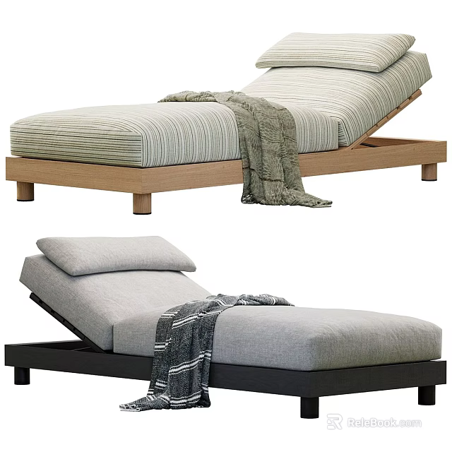 Modern Chaise Lounge Design With Light And Dark Wooden Frames Striped Cushions And Cozy Blanket 3d model 