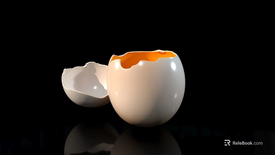 Cracked Eggshell With Yellow Yolk On Black Background For Food 3d model 