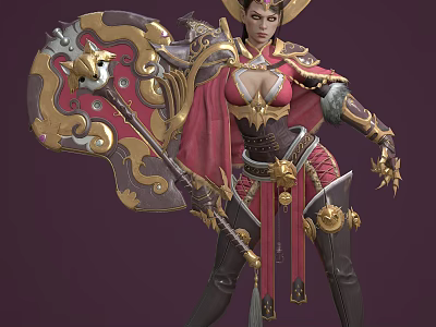 Fantasy Warrior Heroine in Ornate Red Gold Armor with Dragon Decorated Shield and Weapon 3d model