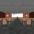 Modern Conference Room With Large Screen Wooden Walls Tables Chairs And Lighting
