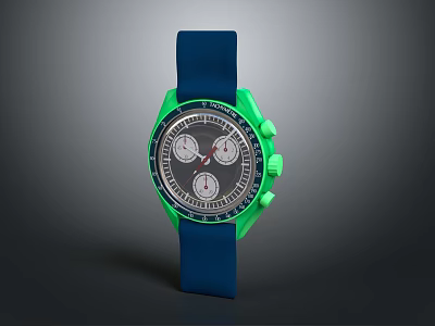 Stylish Sports Watch With Blue Strap Green Case And Silver Chronograph Dial 3d model